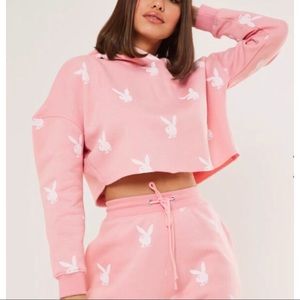 Playboy x Missguided pink crop bunny repeat hoodie